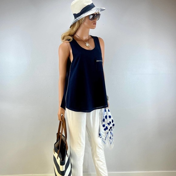 Navy Blue Sleeveless L Tank Top Loose Fit Two Side Zippers Open UP.  L NOWT - Picture 1 of 6